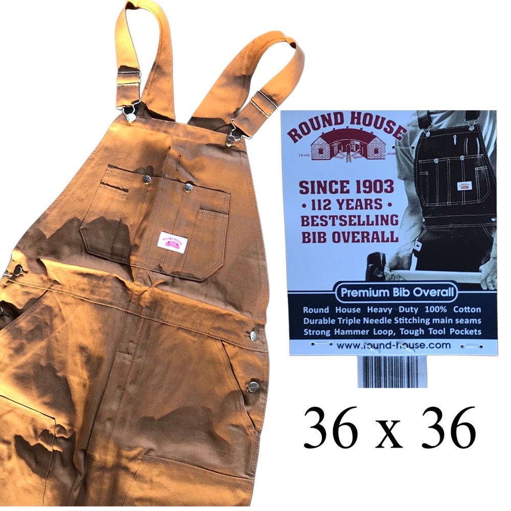 Round House Brown Bib Overalls 100% Cotton Canvas Outdoor Workgear Construction